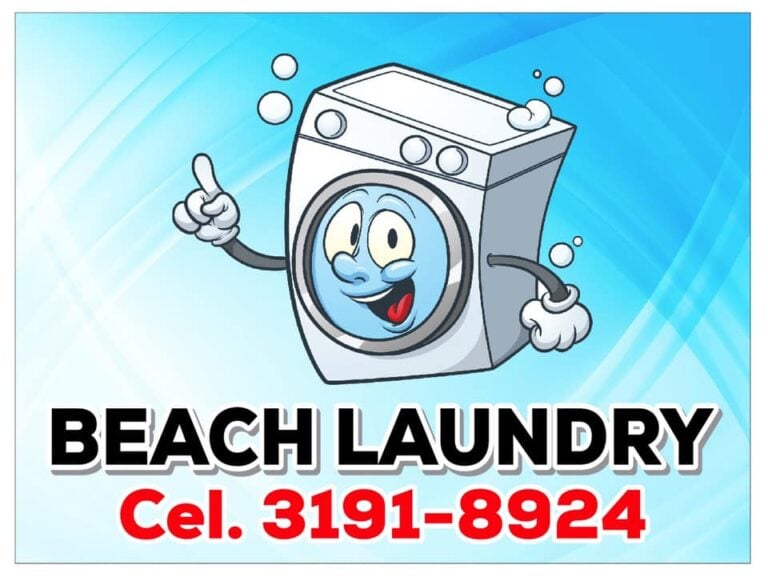 Cartoon illustration of a washing machine with a happy face, waving hand, and bubbles, promoting a beach laundry service in Roatan, Honduras.