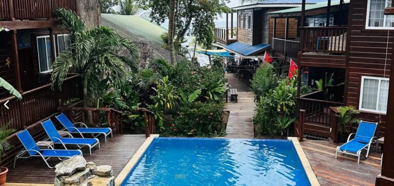 A tranquil outdoor swimming pool surrounded by lush tropical greenery and wooden buildings in Roatan, Honduras, with blue lounge chairs along the poolside.