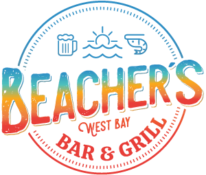 A colorful circular logo for Beachers West Bay Bar & Grill in Roatan, Honduras, featuring icons of a beer mug, sun, waves, and a drink, with the text "BEACHERS" prominently displayed in bold letters.