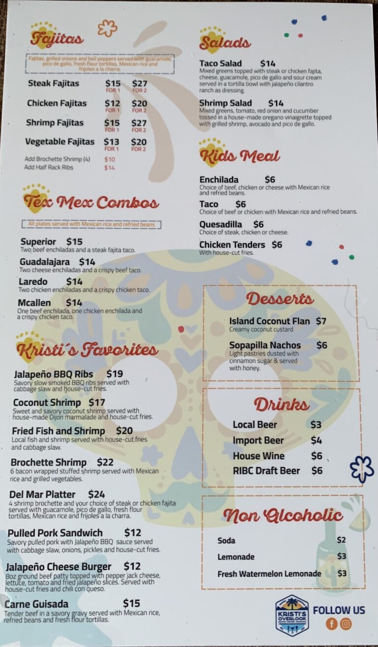 A menu from Kristi's Overlook restaurant in Roatan, Honduras, featuring various Mexican dishes, salads, kids' meals, desserts, beverages, and non-alcoholic drinks with colorful decorative background.