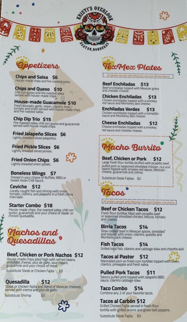 The image shows a menu from a Mexican restaurant in Roatan, Honduras, featuring sections for appetizers, Tex-Mex plates, nachos, quesadillas, and tacos, with colorful decorative elements and a skull with floral and sunset graphics at the top.