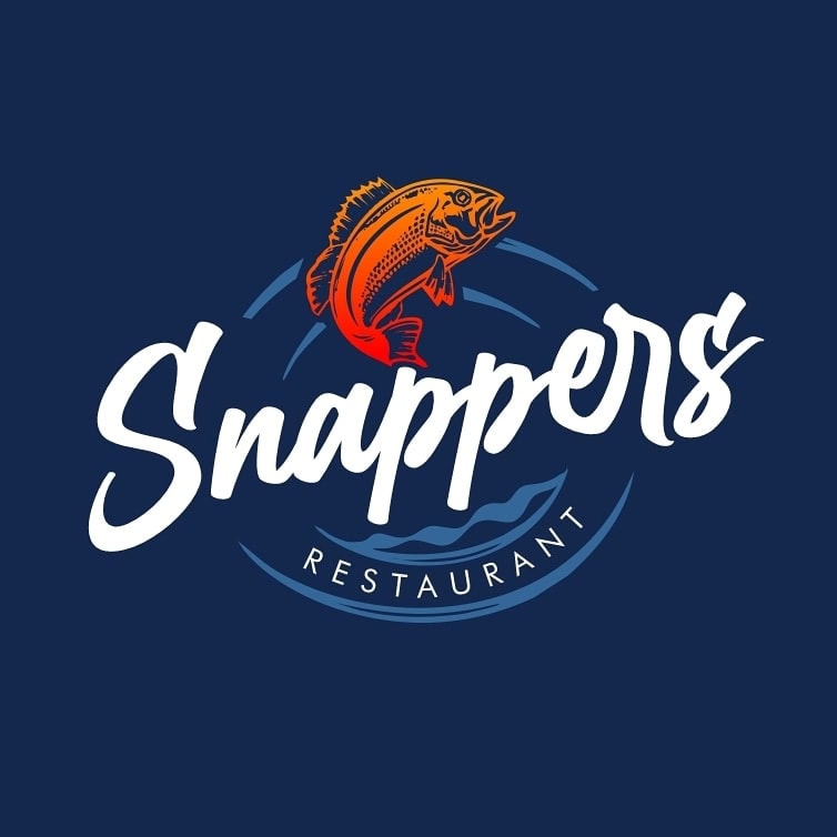 The image features the logo of Snapper's Restaurant in Roatan, Honduras, with a stylized fish jumping above the restaurant name set against a dark blue background.