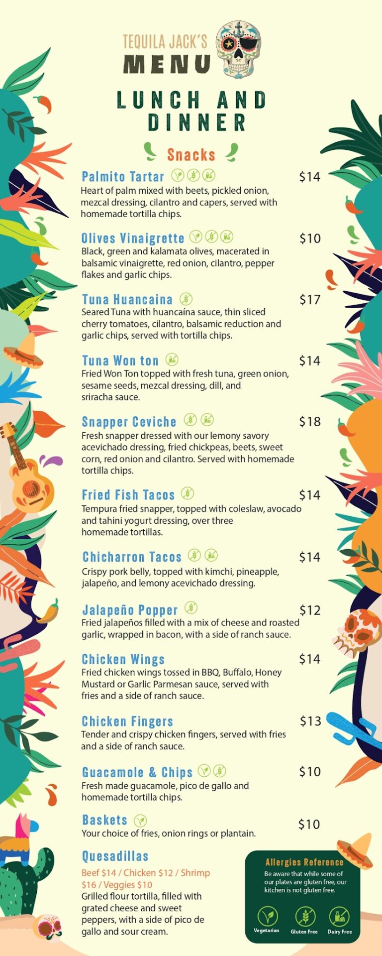 An illustrated menu for Tequila Jack's restaurant on Roatan, Honduras, displaying various seafood and snack dishes with colorful tropical plant and skull decorations surrounding the list.