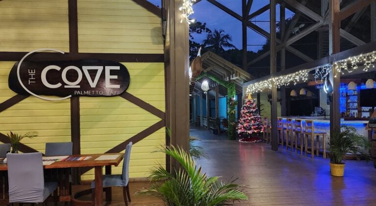 The image shows the interior of The Cove Palmetto Bay restaurant in Roatan, Honduras, decorated with string lights, a Christmas tree, tropical plants, and a bar area with wooden chairs.