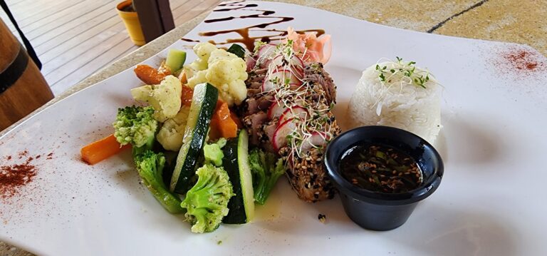 A plated meal featuring sashimi, steamed rice, mixed vegetables, and dipping sauce is displayed on a white dish at a restaurant in Roatan, Honduras.
