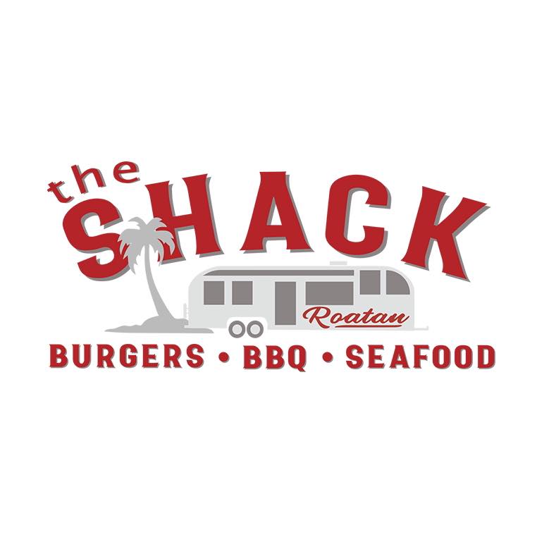 The logo for The Shack Roatan features a gray and red design with a palm tree and a food truck, highlighting offerings of burgers, BBQ, and seafood in Roatan, Honduras.