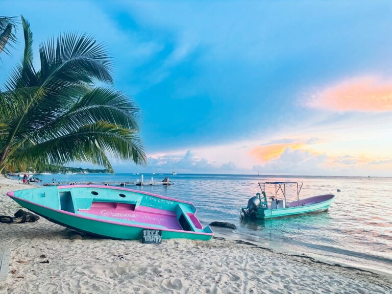 Colorful pink and turquoise boats are anchored on the white sandy beach of Roatan in Honduras, with palm trees, a calm ocean, and a sunset sky in the background.