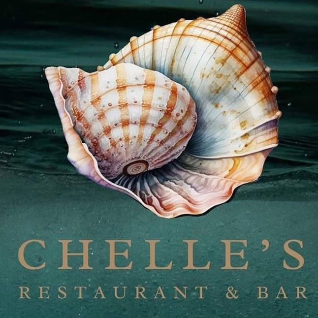 A large seashell floating on dark green water with the text "Chelle's Restaurant & Bar" overlaid, representing a business listing for a restaurant and bar in Roatan, Honduras.