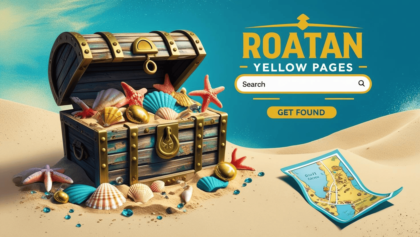 A treasure chest filled with seashells, starfish, and gold coins is open on a sandy beach in Roatan, Honduras, with a map lying nearby and a search bar interface for a business directory overlaid on the image.