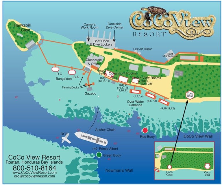 A detailed map of CoCo View Resort in Roatan, Honduras, showing accommodations, dive centers, boats, and ocean features such as buoys and walls, along with pathways, docks, and resort amenities in a colorful illustration.