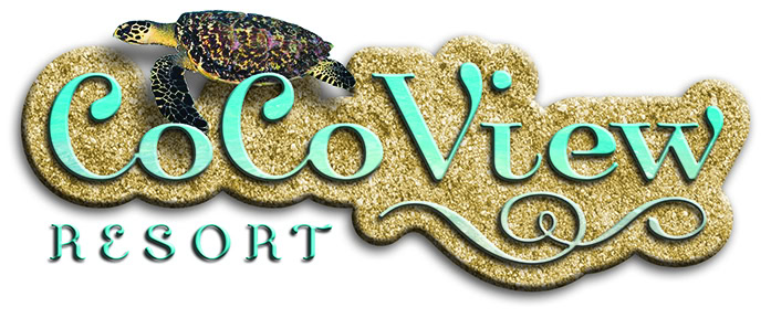 The image features the CoCoView Resort logo with a colorful sea turtle on a gold glittery background, representing a resort located in Roatan, Honduras.