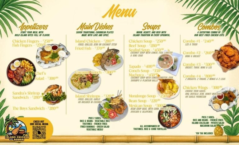 The menu displayed features traditional Caribbean dishes and seafood options, with colorful images of fried fish, island shrimps, and chicken wings, set against a tropical-themed background with palm leaves, on a business listing for Roatan, Honduras.