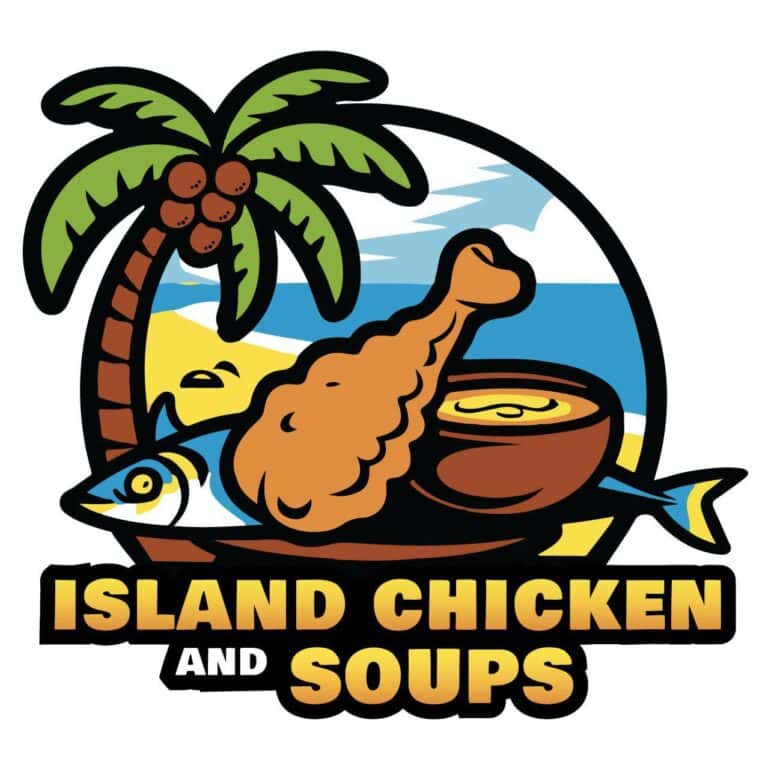 A colorful logo for Island Chicken and Soups features a palm tree, a fish, a chicken drumstick, and a bowl of soup set against a beach scene with blue sky, ocean, and sandy shore, representing a business on Roatan, Honduras.