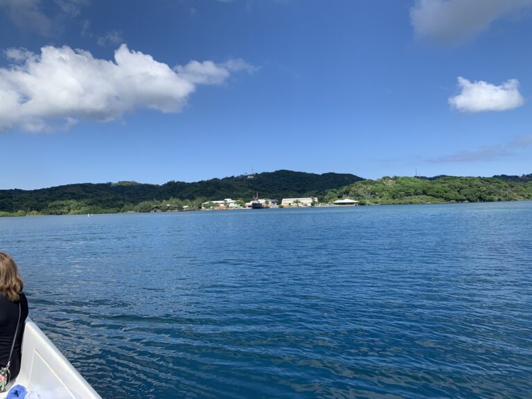 A boat with a passenger on Roatan in Honduras is floating on calm blue water with a lush green hillside and industrial buildings visible in the background under a partly cloudy sky.