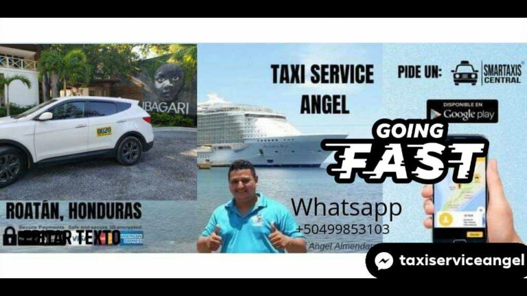 A promotional banner for taxi services in Roatan, Honduras, features a white SUV, a cruise ship in the background, a man in a blue shirt giving a thumbs-up, and text advertising fast service via WhatsApp with a phone number, along with the Google Play Store logo for app availability.