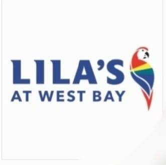 The image shows the logo of Lila's at West Bay featuring bold blue text and a colorful parrot graphic, representing a business located in Roatan, Honduras.