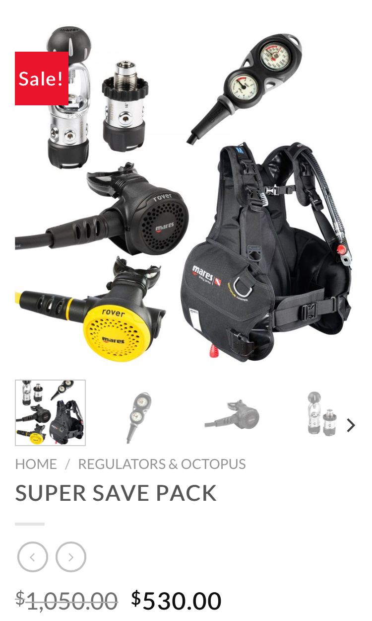 A set of scuba diving equipment including regulators, a buoyancy control device, gauges, and snorkel gear is displayed on a white background, with a sale banner and pricing information, representing a business listing on RoatanYP.com in Roatan, Honduras.