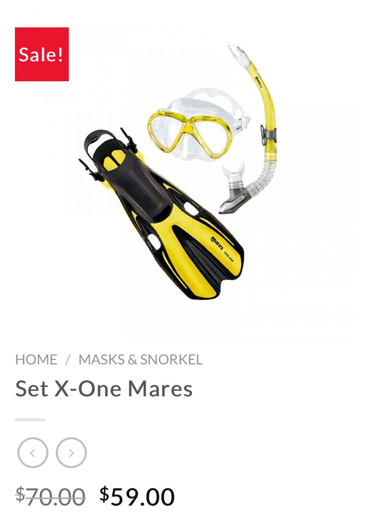 A set of yellow and black snorkeling gear, including fins, a mask, and a snorkel, is displayed for sale on a business listing on RoatanYP.com in Roatan, Honduras.