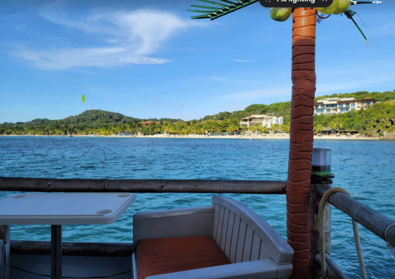 A view from a boat on Roatan, Honduras, showing a calm blue sea, a distant shoreline with lush green trees, modern buildings, and a clear sky, with a small seating area and a decorative red palm tree on the boat's deck.