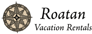 A logo for Roatan Vacation Rentals features a detailed compass rose alongside the name, set against a white background, representing a business that offers vacation accommodations in Roatan, Honduras.