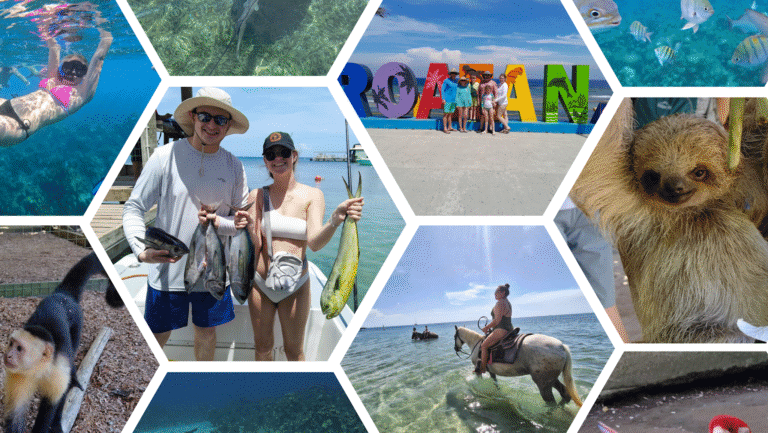 A group of people enjoying outdoor activities such as fishing, horseback riding, and exploring wildlife on Roatan in Honduras, with colorful signage, marine life, and scenic beaches in the background.