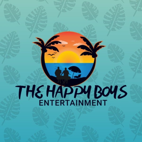 The logo features a sunset scene with two people sitting under an umbrella on a beach with palm trees, representing The Happy Boys Entertainment in Roatan, Honduras.