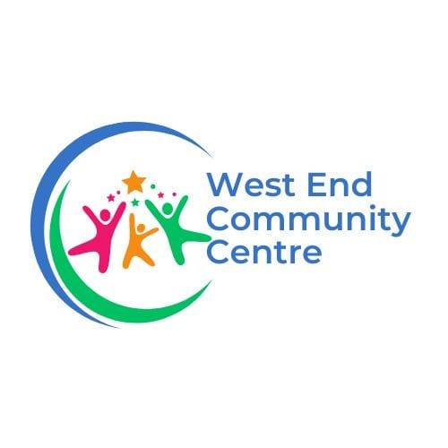 The image shows the logo of West End Community Centre on Roatan, Honduras, featuring three stylized human figures in pink, orange, and green with a yellow star above them, surrounded by a blue and green crescent, and the text "West End Community Centre" in blue.