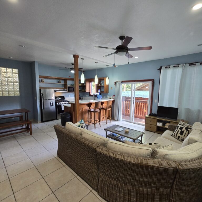 Open-plan living area in a Roatan beachfront home with a wicker sofa, flat-screen TV, kitchen with bar stools, ceiling fans, and sliding glass door leading to a balcony overlooking the ocean in Honduras.