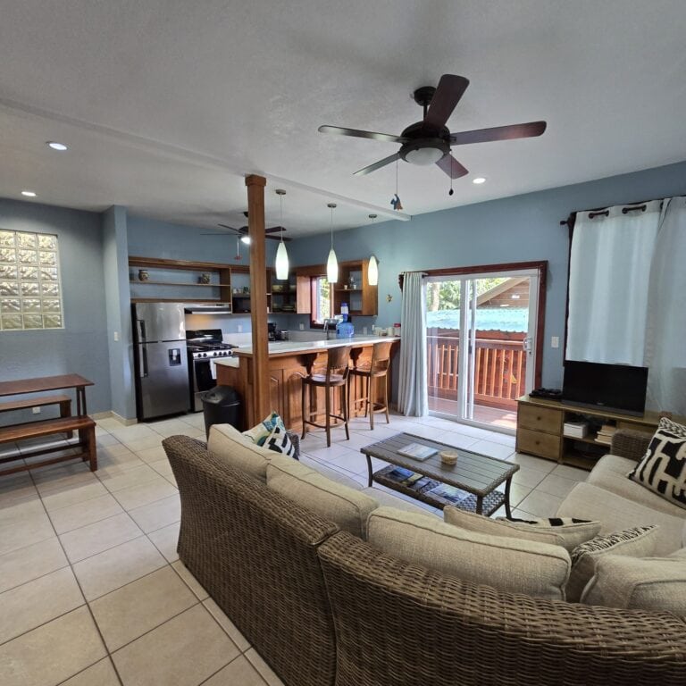 Interior view of a cozy living room in a Honduran home on Roatan, featuring a wicker sofa, a wooden TV stand, and a sliding glass door leading to an outdoor balcony with tropical greenery.