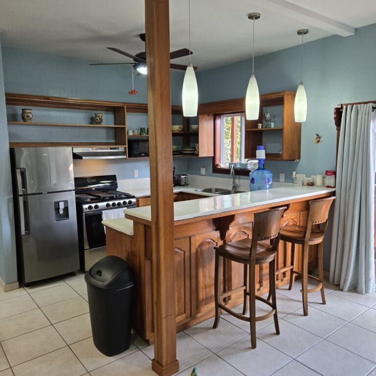 A wooden kitchen with blue walls in a house on Roatan, Honduras, featuring a stainless steel refrigerator, a black stove, and pendant lights hanging above a white countertop with bar stools.
