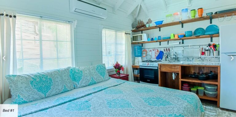 Inside a cozy, white-painted wooden cottage in Roatan, Honduras, showing a living space with a bed and an open kitchen area with shelves of dishware and utensils.