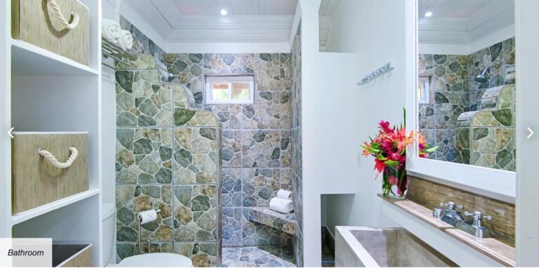 A modern bathroom on Roatan with a stone-tile shower area, a small window, and white wood-paneled ceiling and walls, complemented by a countertop with a sink and a vibrant pink flower arrangement in a glass vase.