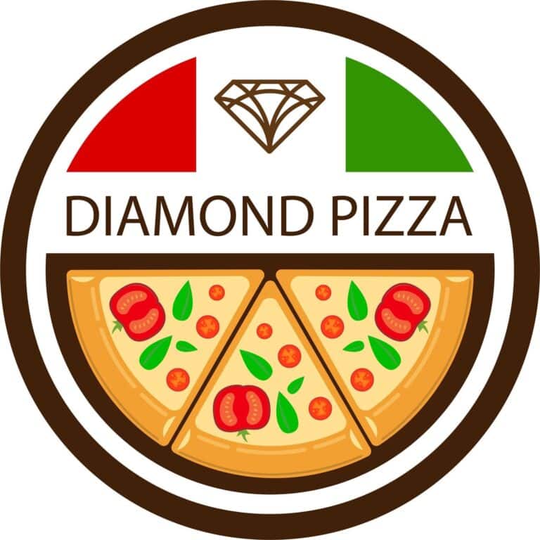 A colorful logo for Diamond Pizza featuring a stylized pizza with toppings, a slice being pulled away, and the Italian flag colors in the background on Roatan, Honduras.