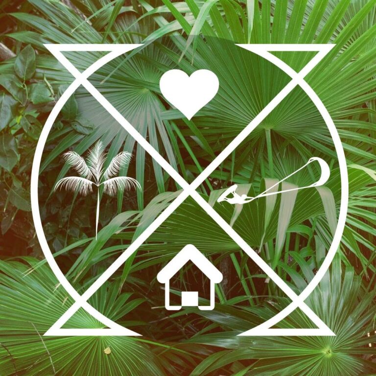 A white geometric overlay featuring a house, heart, palm tree, and snorkeling icon laid over lush green palm and tropical foliage typical of Roatan, Honduras.