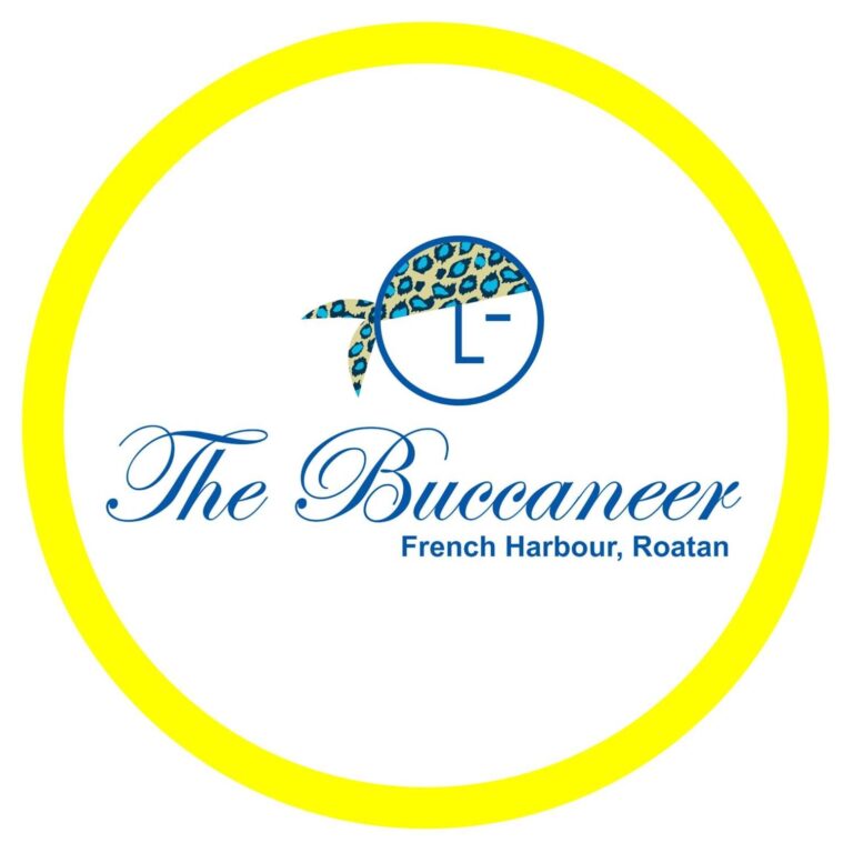 A logo for The Buccaneer featuring a stylized blue and beige leopard print bandana and a clock face with minimalistic blue hands, set against a white background with a bright yellow circular border.