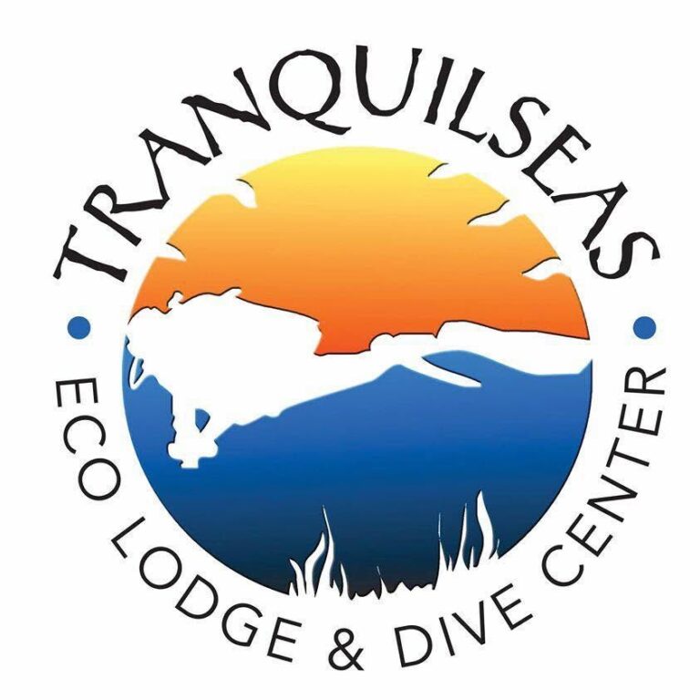 The logo features a circular design with a gradient sunset that transitions from yellow to orange, and a silhouette of Roatan, Honduras, above blue ocean waves, with text indicating 'Tranquil SeasEco Lodge & Dive Center'.