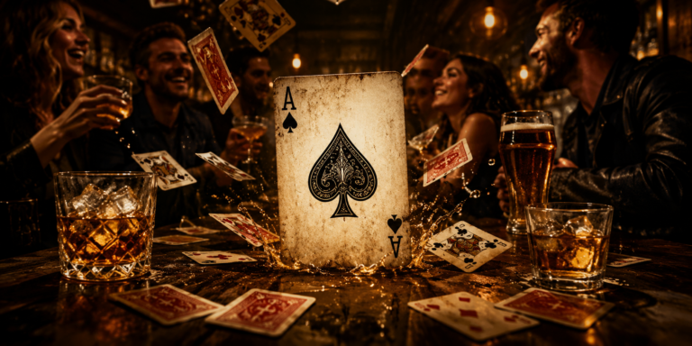A group of friends enjoying a lively night at a bar in Roatan, Honduras, with a large playing card in the center and drinks on the table showing excitement and camaraderie.