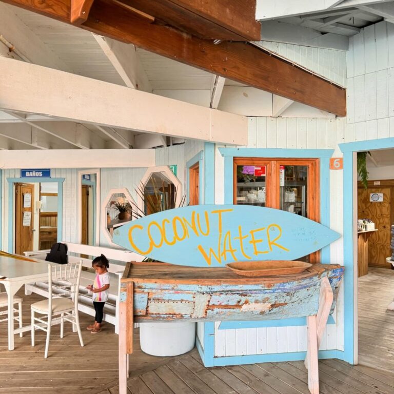 A cozy indoor space at a beachside restaurant in Roatan, Honduras, featuring a large blue sign that reads 'Coconut Water' placed in a decorative wooden boat, with wooden beams and pastel-colored walls in the background.