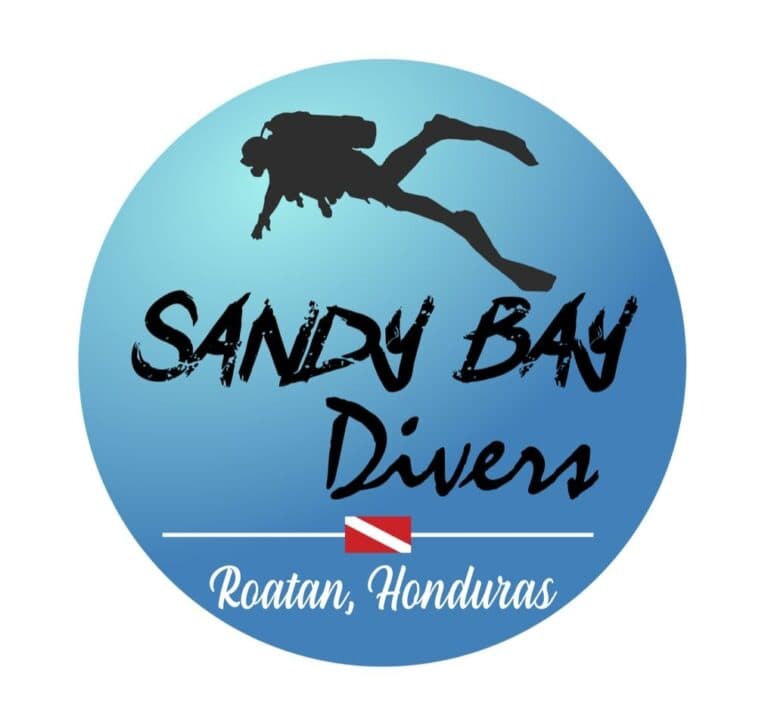 Silhouette of a scuba diver swimming above the sandy beach and clear waters of Roatan, Honduras.