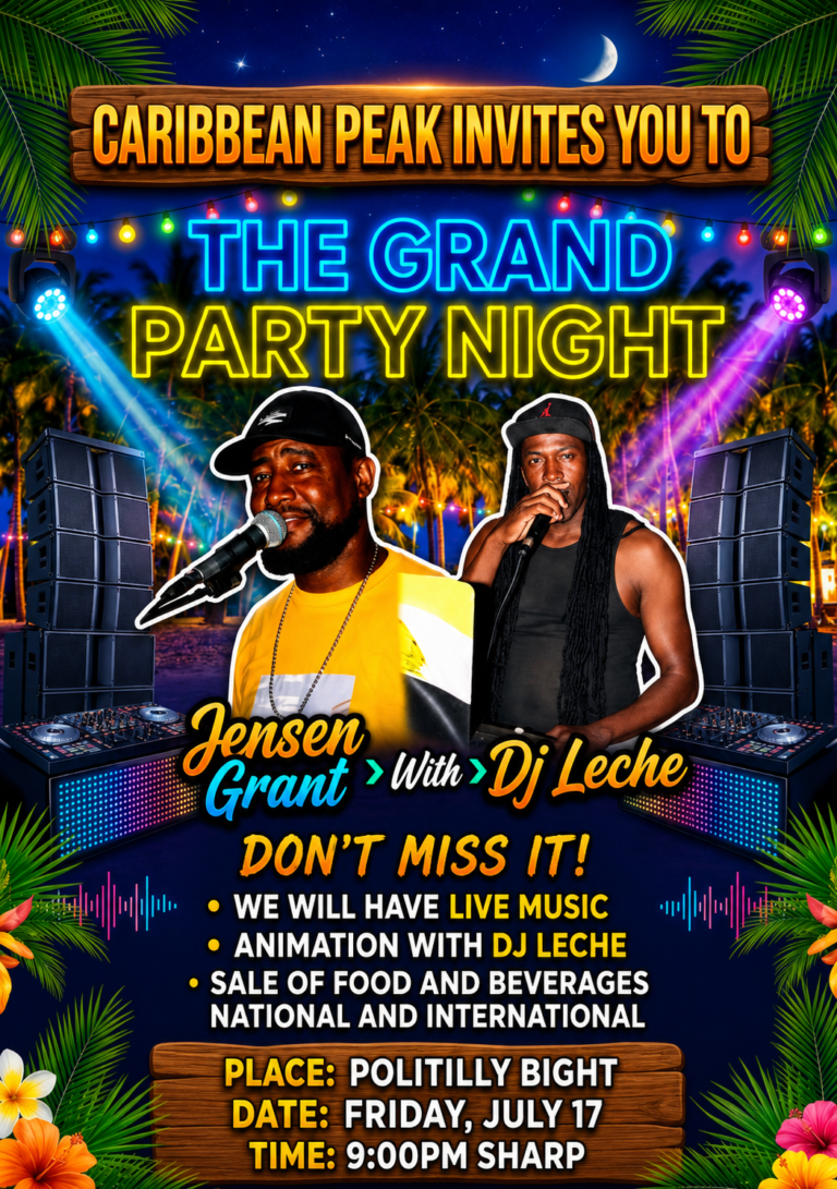Bright festival poster advertising the Grand Party Night event on Roatan, Honduras, featuring two performers, Jensen Grant and DJ Leche, against a tropical backdrop with palm trees, string lights, and a crescent moon in the night sky.