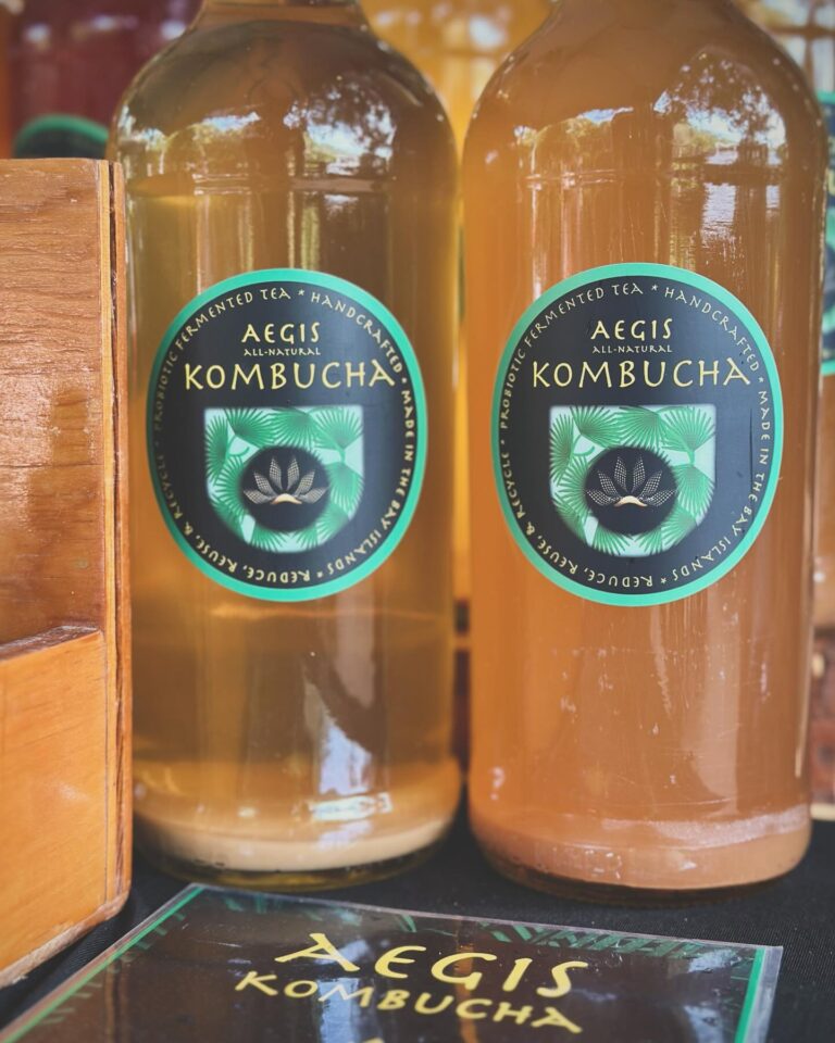 Bottles of Aegis Kombucha on display at a market in Roatan, Bay Islands, Honduras, with reflections of trees and sky visible on the bottles.