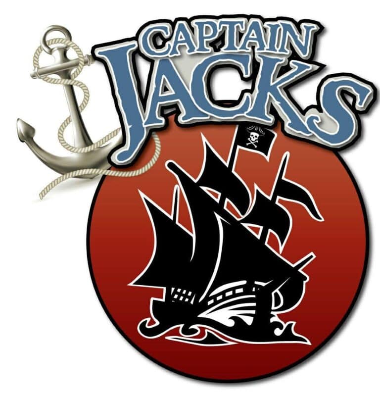 Captain Jack's logo features a stylized pirate ship with black sails and a red background, accompanied by an anchor with a rope and a small black flag with a skull and crossbones, representing a pirate-themed business in Roatan, Honduras.