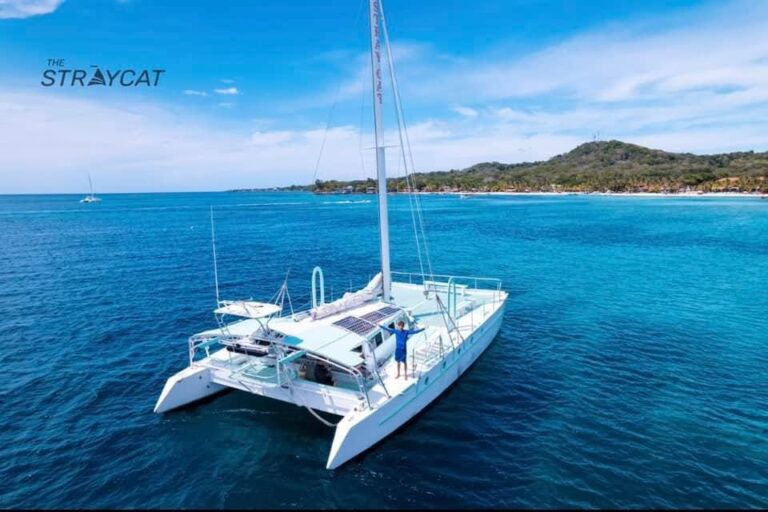 A white sailing catamaran boat with solar panels on the deck is anchored in the clear blue waters off Roatan, Honduras, with lush green island hills in the background under a partly cloudy sky.