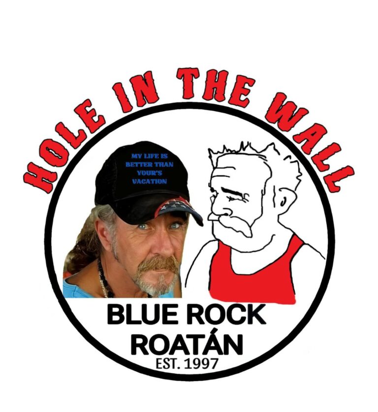 A logo for Blue Rock Potápán, featuring a circle with red text reading 'Holiday in the Wall' above, and a stylized illustration of an elderly man with a beard and a woman wearing a cap labeled 'My life is better than your vacation,' with the backdrop of Roatan, Honduras.