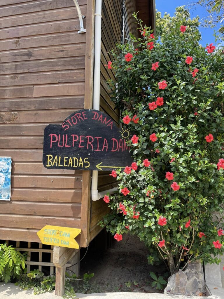 A wooden storefront sign for Store Dana, with vibrant red hibiscus flowers and green foliage around the entrance on Roatan, Honduras, under a clear blue sky.