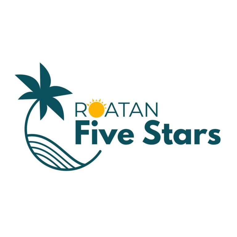 A tropical scene in Roatan, Honduras featuring a palm tree and a sun symbol on a logo background.