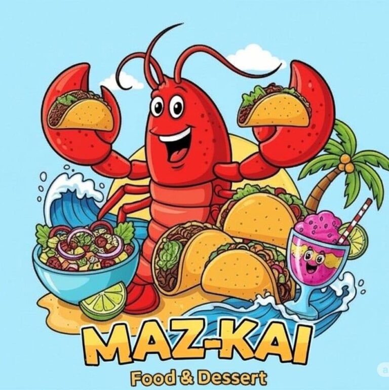 A cartoon lobster holding two tacos, surrounded by tacos, salad, and a pink smoothie on a beach with a palm tree and ocean waves, representing Maz-Kai Food & Dessert in Roatan, Honduras.