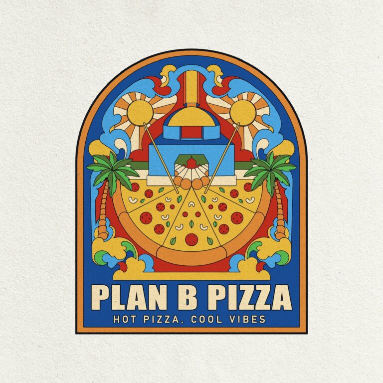 Logo of Plan B Pizza featuring a pizza slice, palm trees, and vibrant colors.