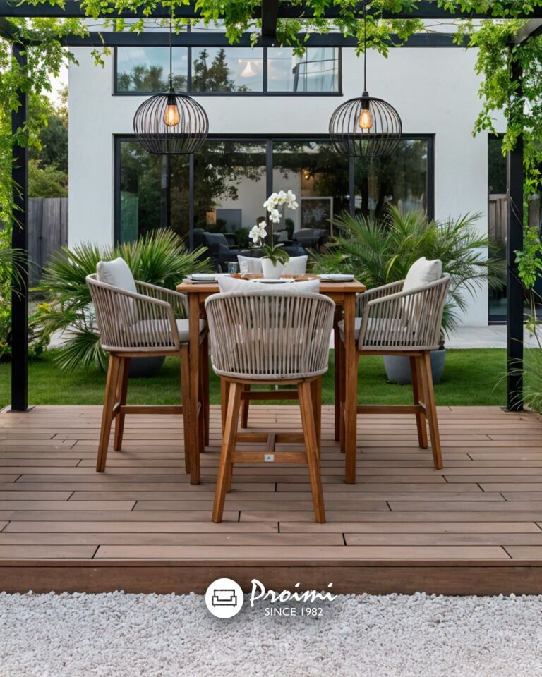A stylish outdoor dining area with a wooden table and six modern white chairs surrounded by lush green plants and trees in Roatan, Honduras.
