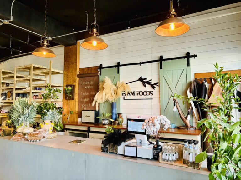 Interior of a cozy shop in Roatan, Honduras featuring hanging copper pendant lights, wooden shelves with products, and a checkout counter with plants and decorative items.